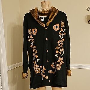 Storybook Knits Black Cardigan with Floral Embroidery and Faux Fur